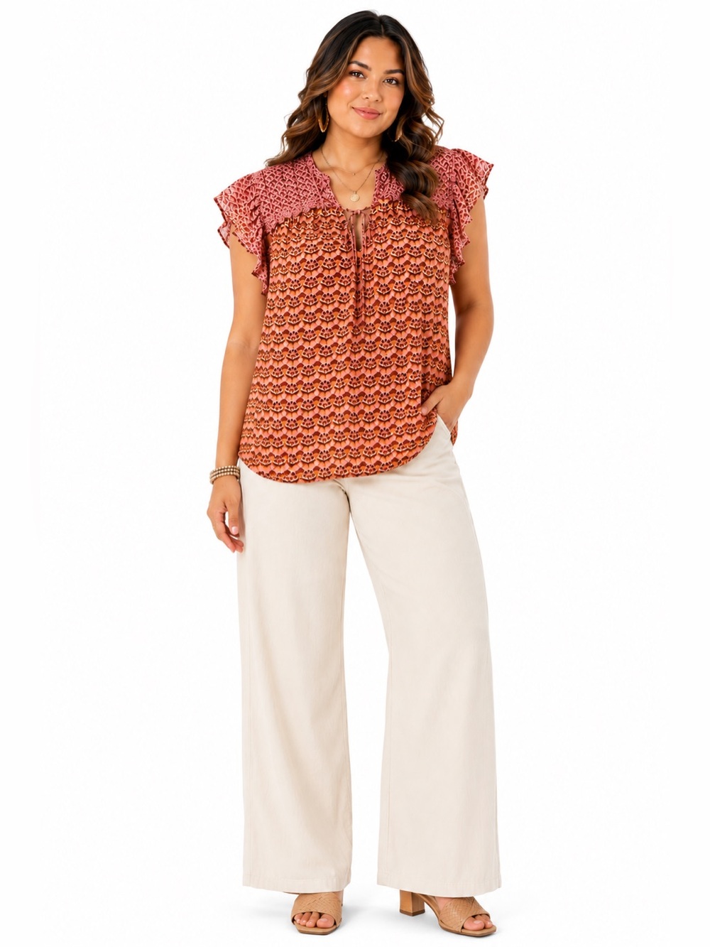 DR2 Mixed Print Flutter Sleeve Boho Blouse Tie Neck Teacher Casual SZ 1X‎ Career